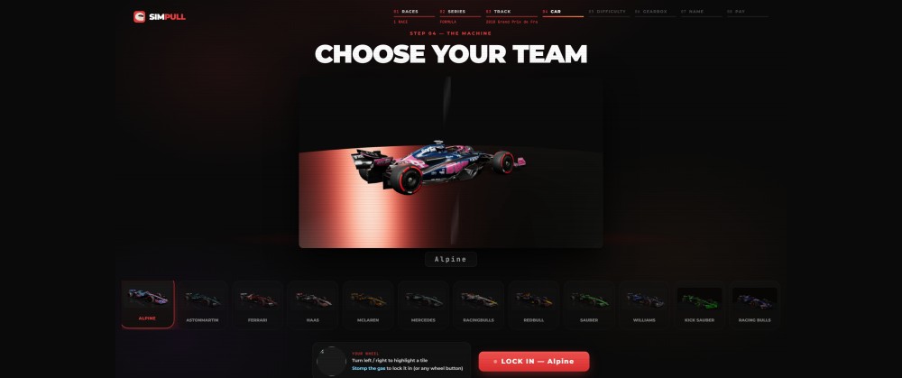 Car select on a SimPull rig, showing an F1 car rotating in its team livery.