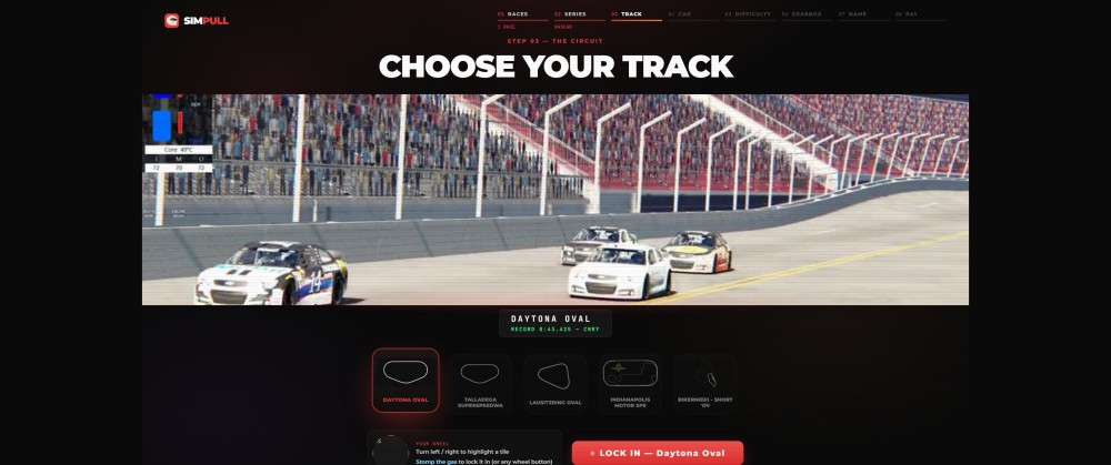 Track select on a SimPull rig, playing real broadcast footage of Daytona with the venue lap record underneath.